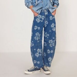 Free People Good Luck Printed Barrel Jeans Laser Daisy Floral 26
